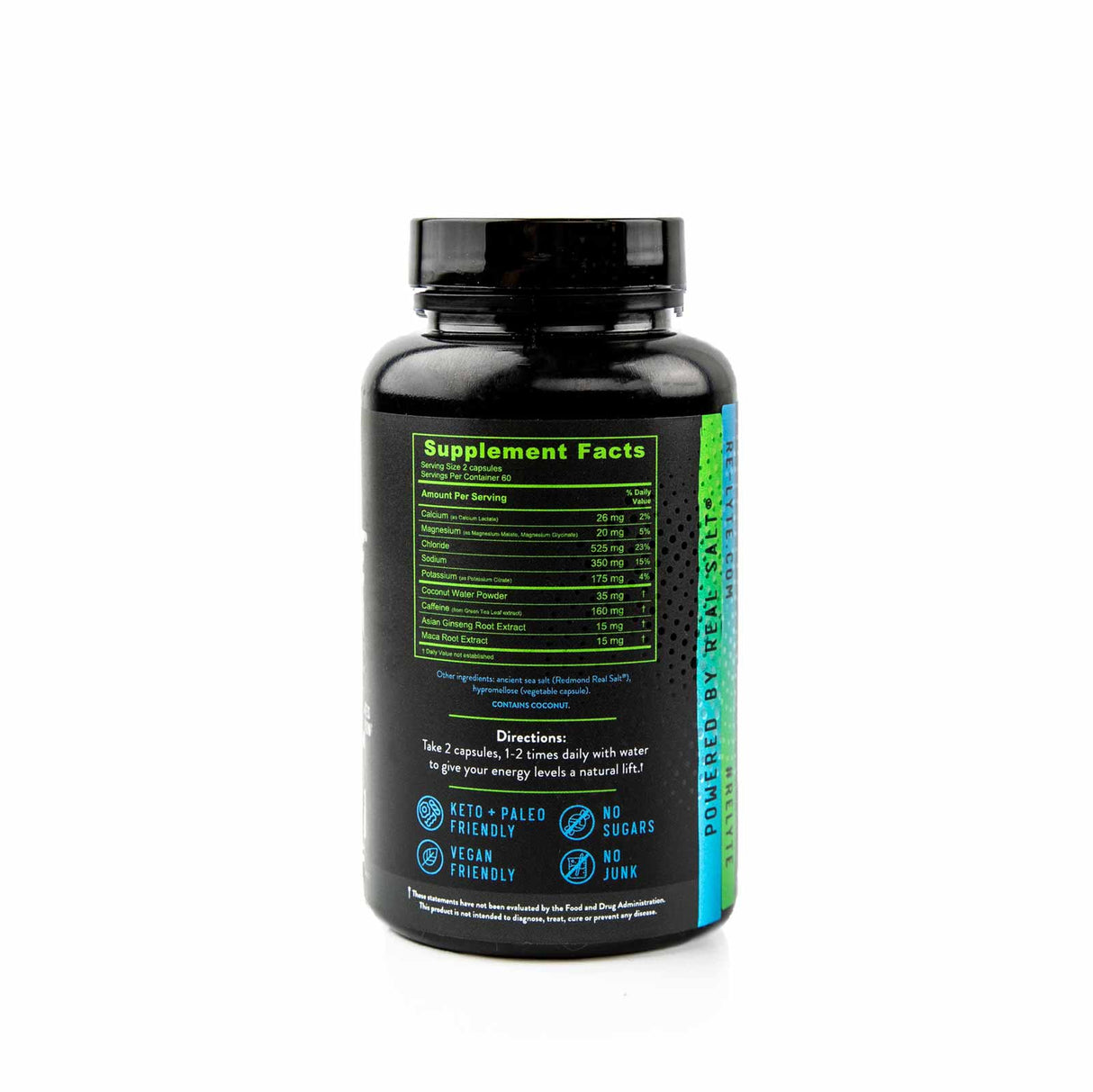 Re-Lyte Energy Boost Caps - 120 Capsules bottle showing supplement facts and usage directions with branding details