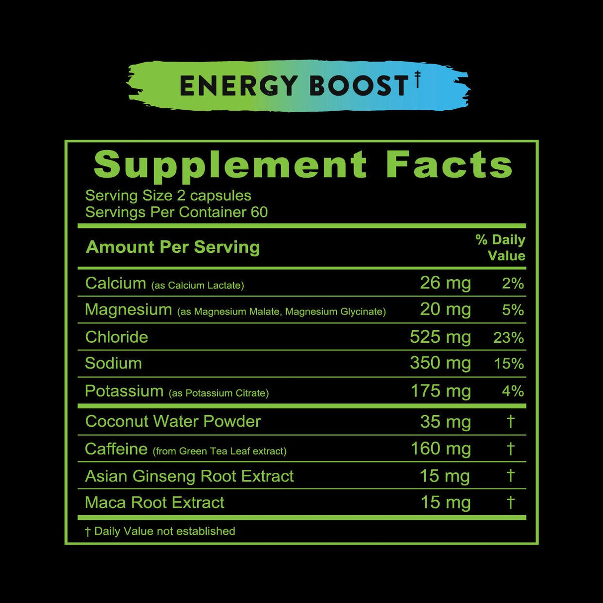 Re-Lyte Energy Boost Caps - 120 Capsules supplement facts label showing minerals and herbal extracts content on black background