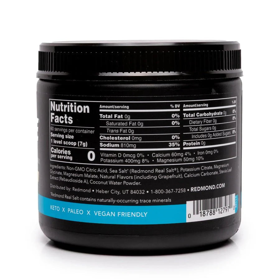 Back label of Re-Lyte Hydration - Grapefruit - Tub - 60 Serves showing nutrition facts, ingredients, and keto, paleo, and vegan-friendly certifications by Re-Lyte.