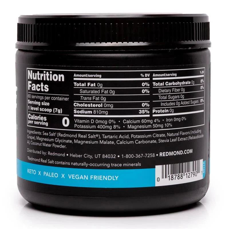 Black container with nutrition facts label on a white background