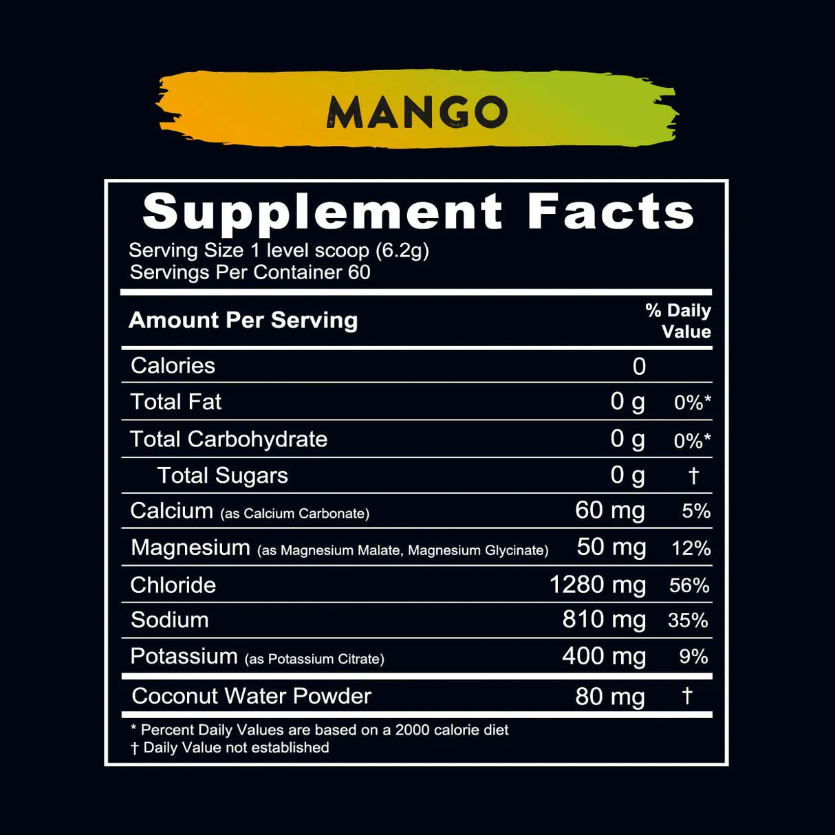 Supplement facts panel for Re-Lyte Hydration - Mango - Tub - 60 Serves with key electrolyte and mineral content per serving.