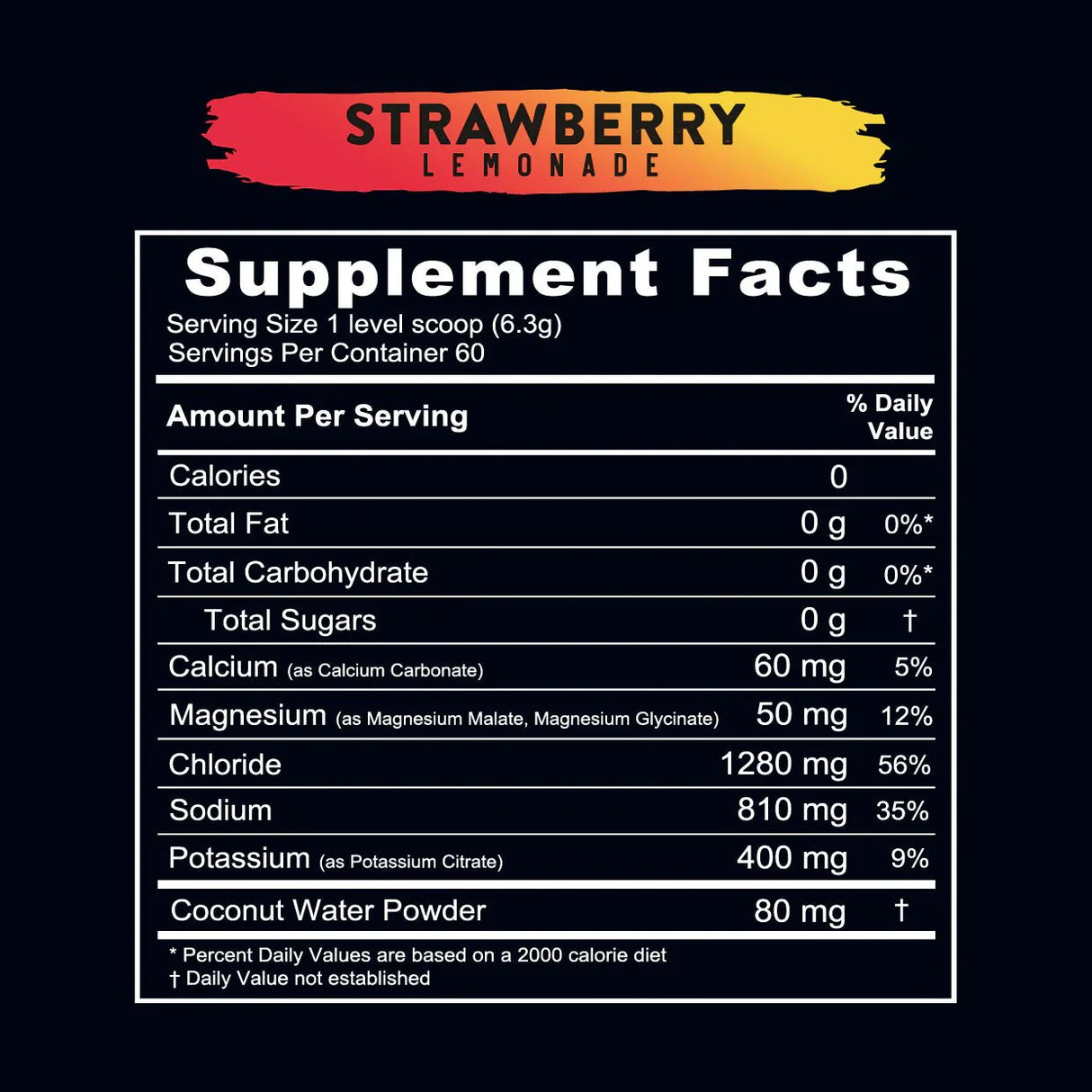 Supplement facts label for Re-Lyte Hydration- Strawberry Lemonade - Tub - 60 Serves showing electrolyte and mineral content per serving.