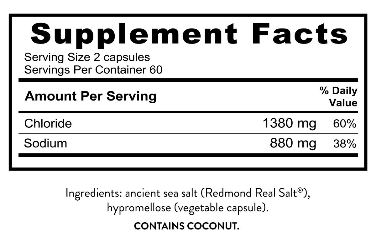 Supplement facts for Re-Lyte Hydration Support Caps - 120 Capsules showing chloride, sodium, and coconut allergen warning.