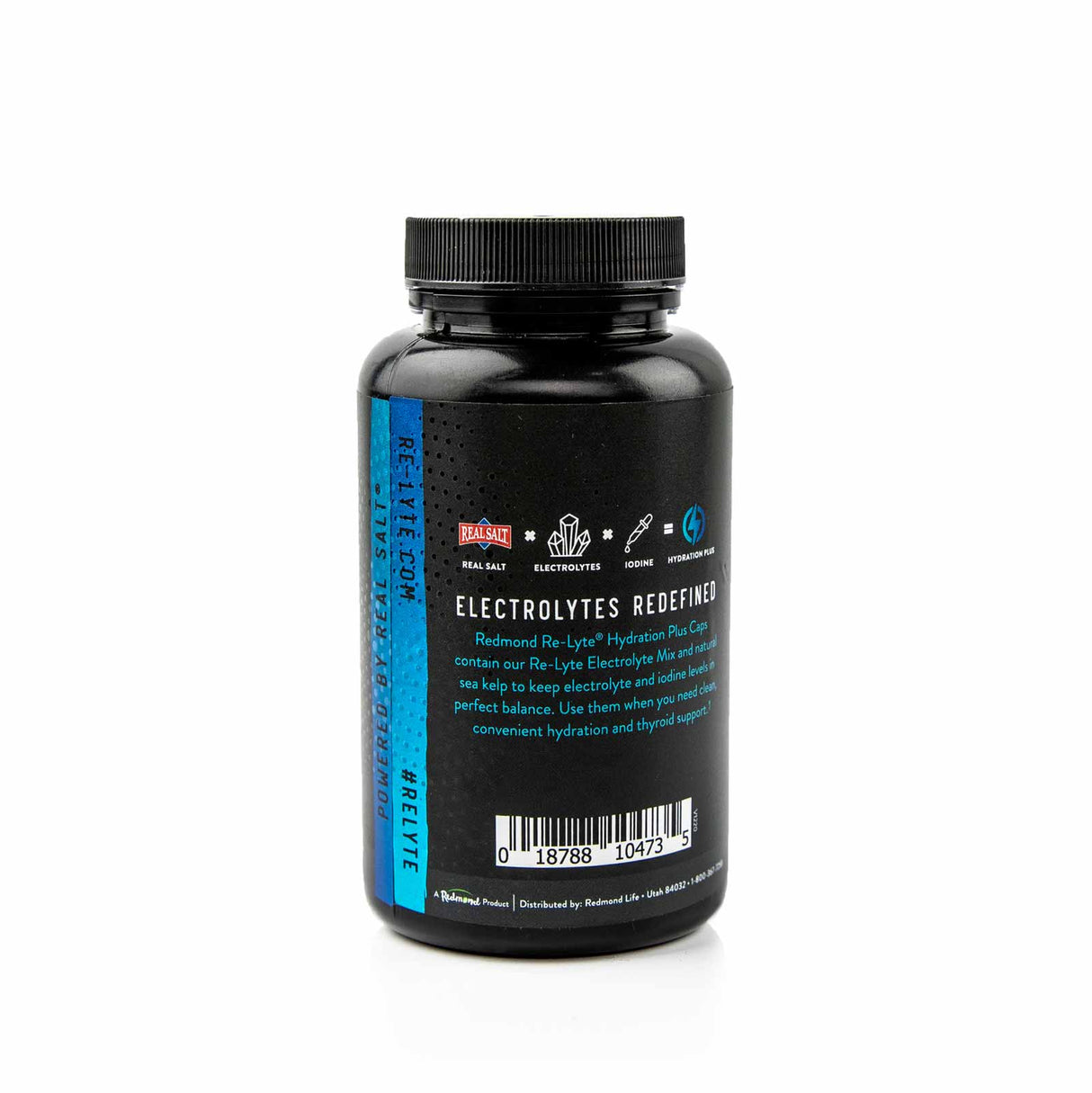 Re-Lyte Hydration Plus Caps - 120 Capsules bottle showing electrolyte benefits and usage on black packaging with blue accents