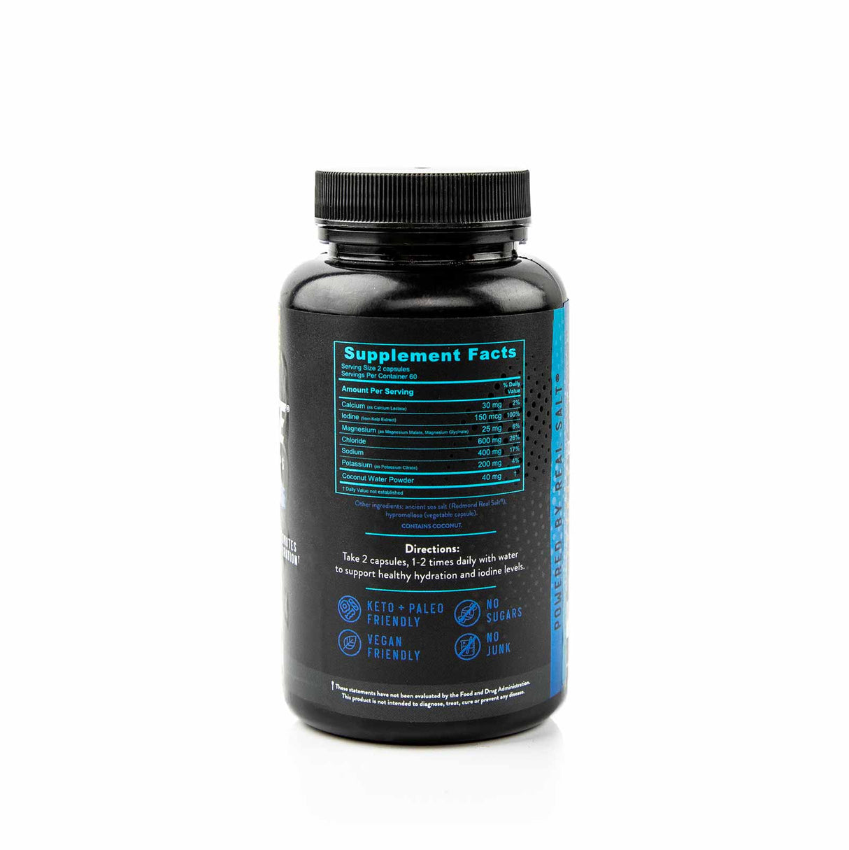 Re-Lyte Hydration Plus Caps - 120 Capsules bottle showing supplement facts and directions on black background