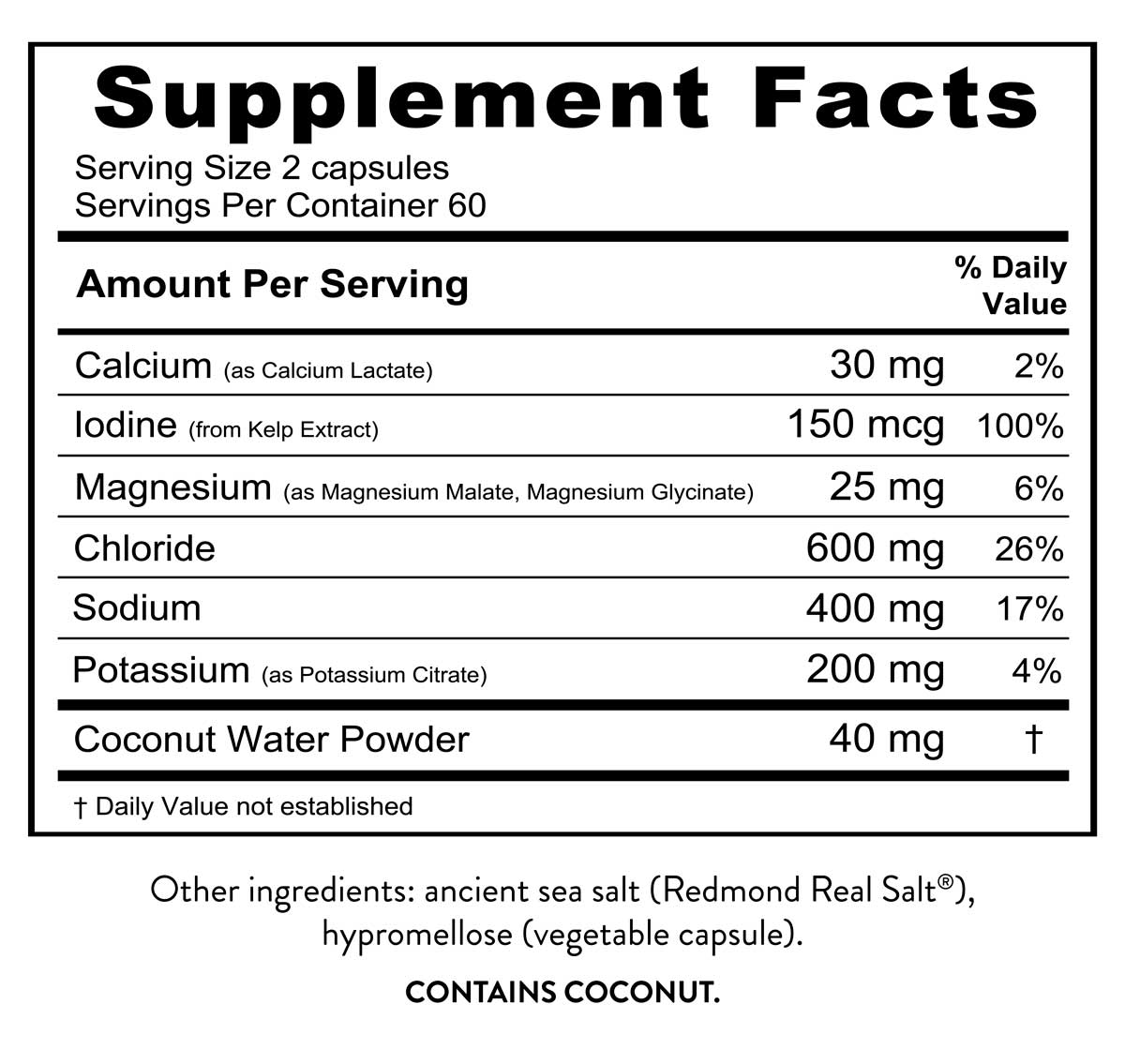 Supplement facts label for Re-Lyte Hydration Plus Caps - 120 Capsules showing minerals like calcium, iodine, magnesium, sodium, and potassium.