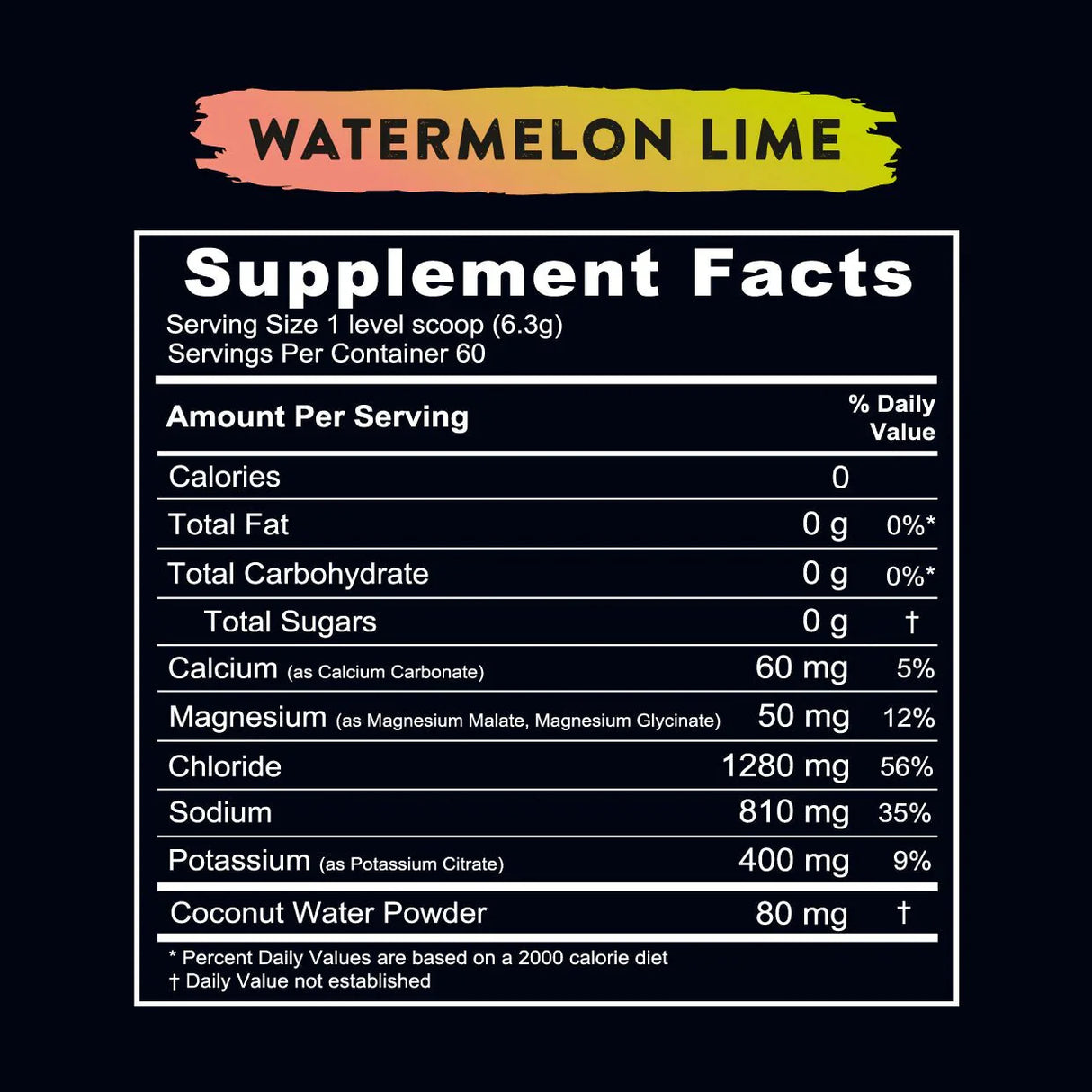 Supplement facts for Re-Lyte Hydration - Watermelon Lime - Tub - 60 Serves showing minerals and electrolytes per serving.