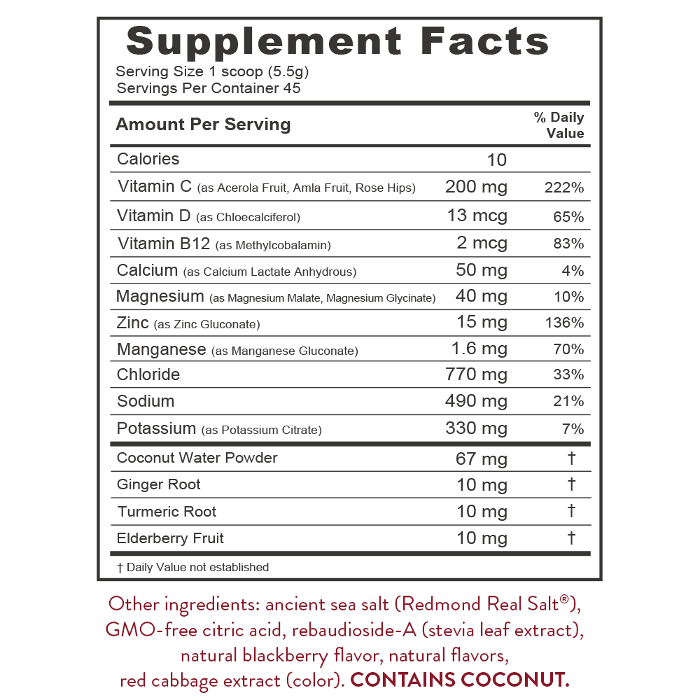 Supplement facts label for Re-Lyte Immunity - Blackberry - Stick Packs x 15 detailing vitamins, minerals, and natural ingredients.