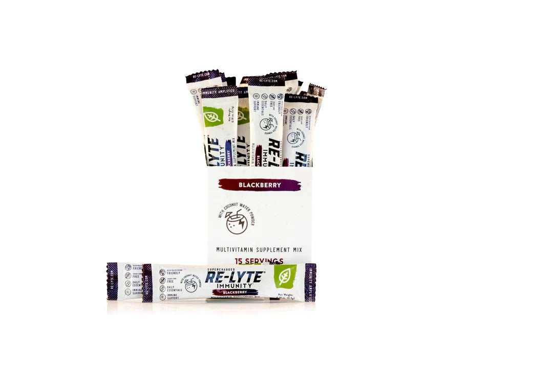 Re-Lyte Immunity - Blackberry - Stick Packs x 15 multivitamin mix in white box with purple and green accents