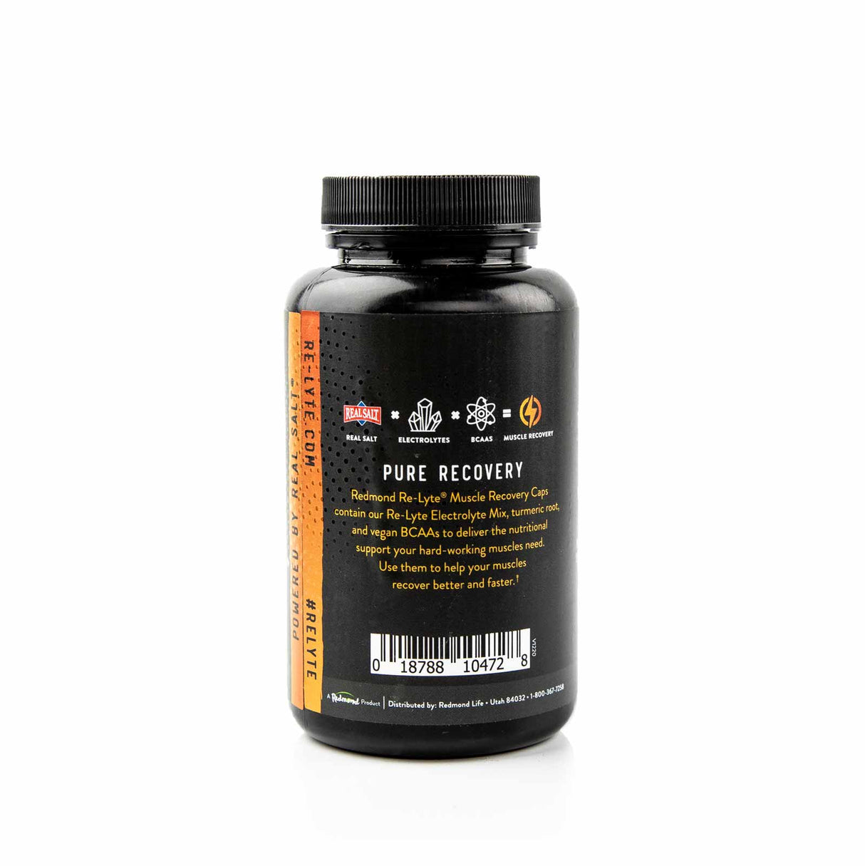 Re-Lyte Muscle Recovery Caps- 120 Capsules bottle showing Pure Recovery details with electrolytes and BCAAs info on label