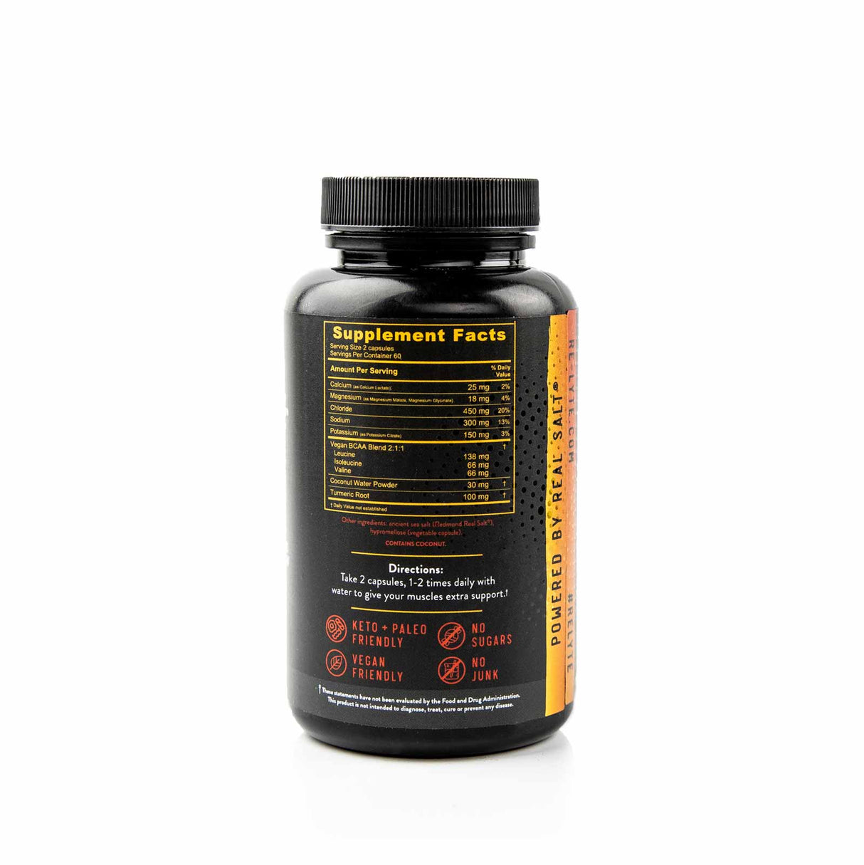 Re-Lyte Muscle Recovery Caps- 120 Capsules bottle showing supplement facts and usage details in black container with orange label.