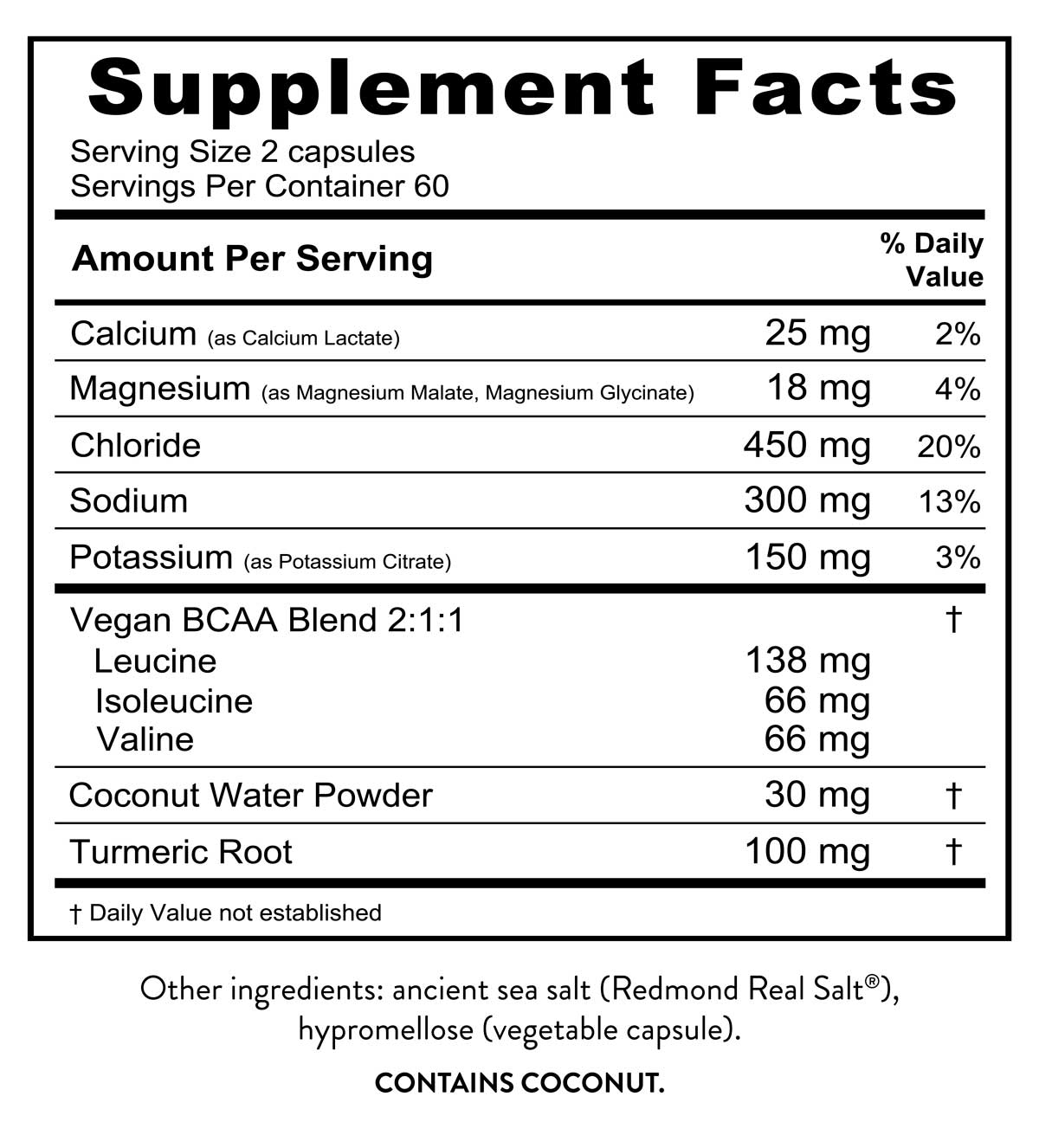 Supplement Facts label showing Re-Lyte Muscle Recovery Caps- 120 Capsules ingredients and mineral content per serving.