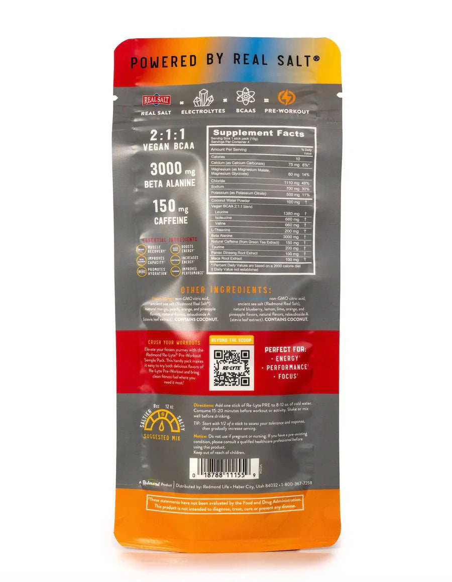 Back of Re-Lyte Pre-Workout Sample Pack - 4 Sticks showing supplement facts and ingredients with colorful branding