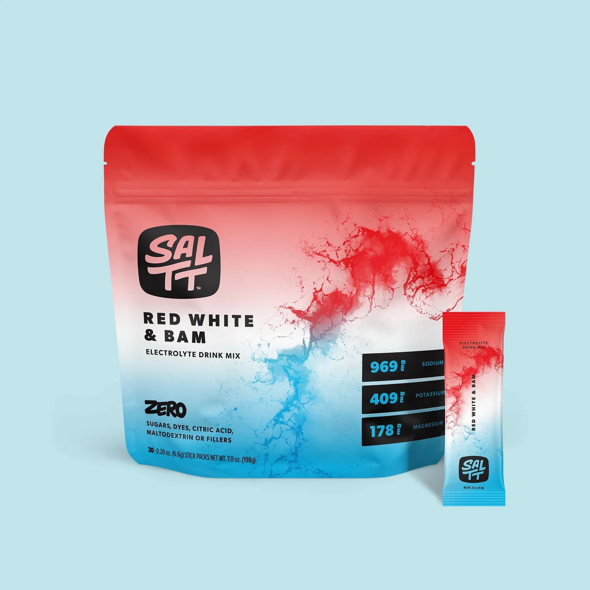 SALTT Red White & Bam - 30 Sticks electrolyte drink mix with red, white, and blue powder splash design