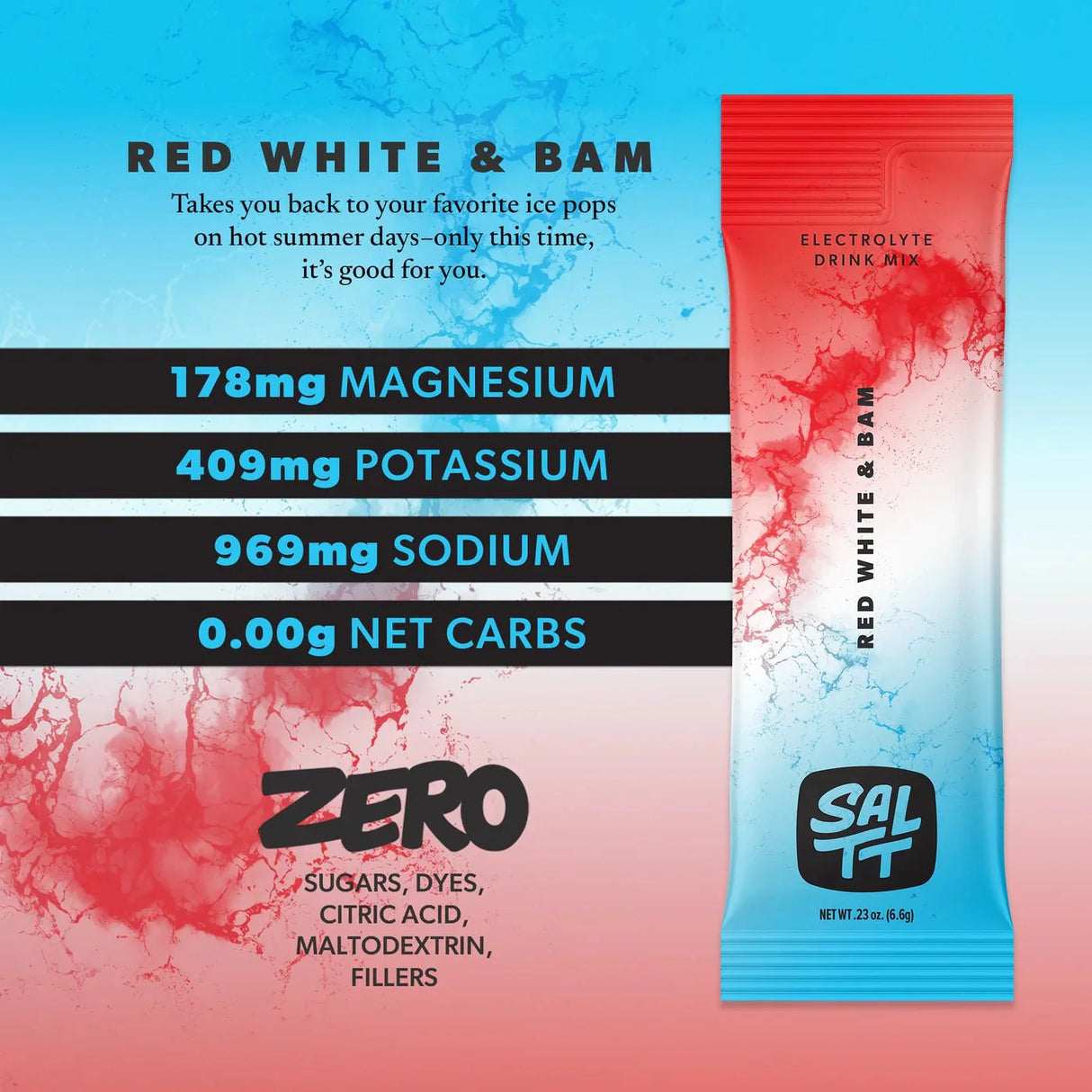Red White & Bam - 30 Sticks electrolyte drink mix by SALTT with magnesium, potassium, sodium, zero net carbs.