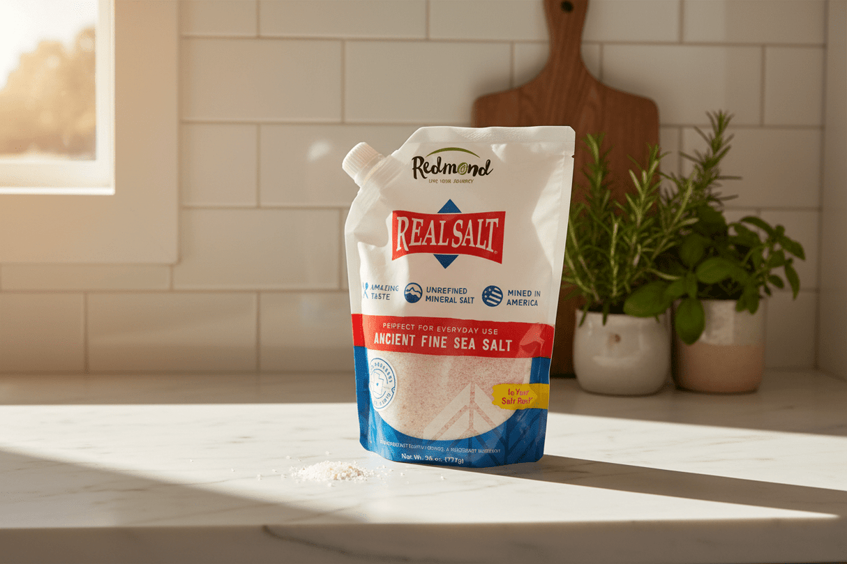 Redmond Real Salt - 737g pouch of ancient fine sea salt with natural minerals, displayed on kitchen countertop.