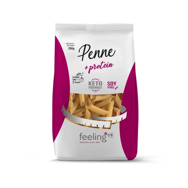 Reduced Carb Penne - 250g by Feeling OK, high protein pasta, low carb, keto friendly, soy free in Pantry and Pasta collections.
