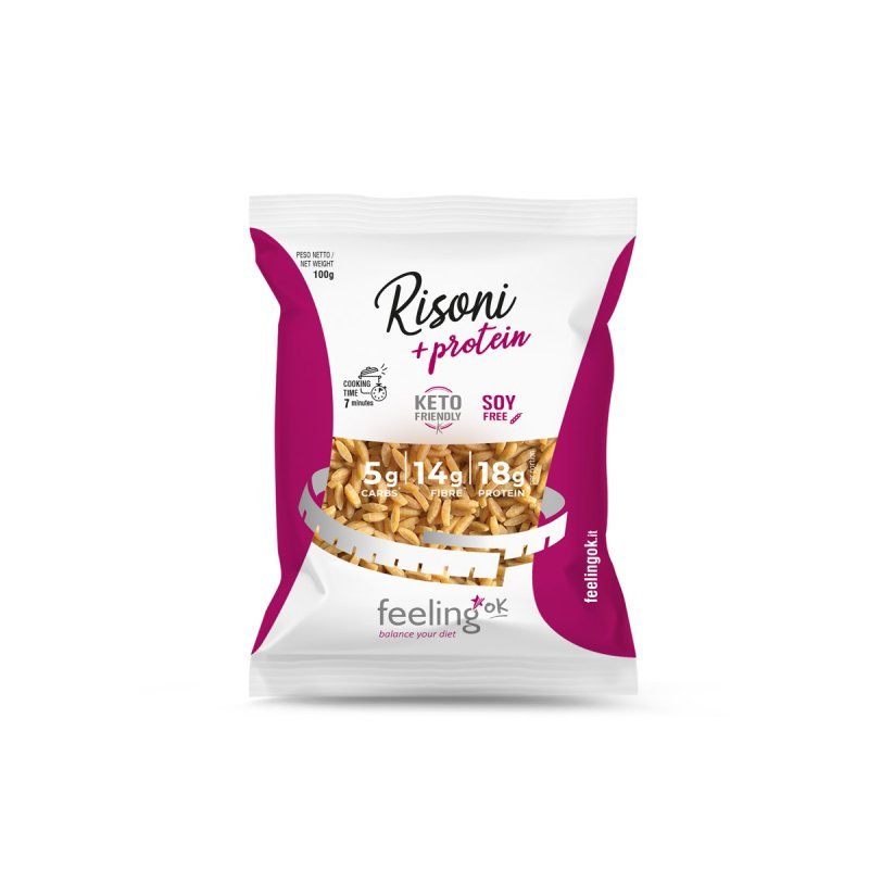 Reduced Carb Riso - 100g by Feeling OK in white and purple packaging, keto friendly, high protein pasta option