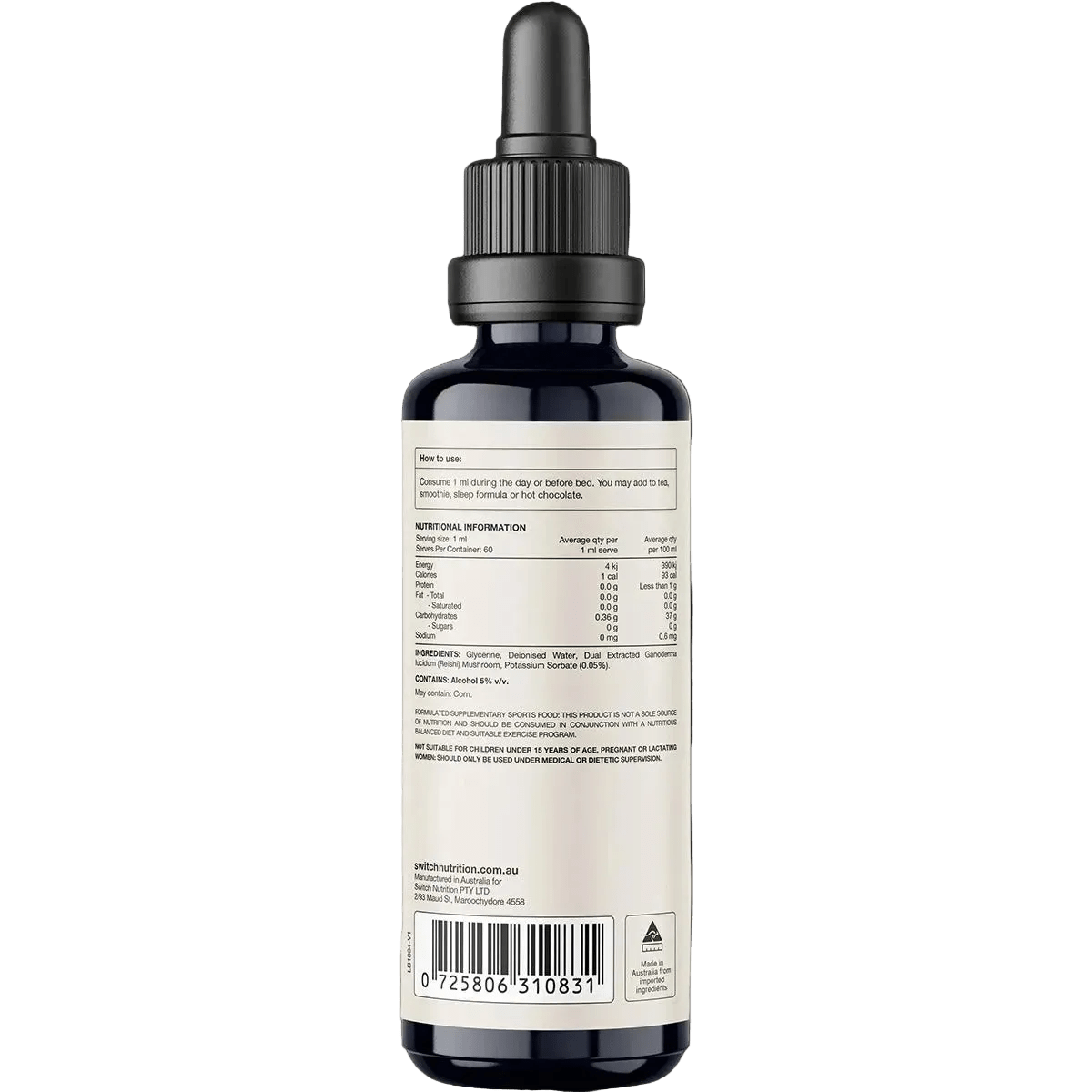 Back view of Reishi Double Strength 2:1 Mushroom Liquid Extract - 60ml by Switch Nutrition, showing nutritional facts, ingredients, usage instructions, and certification labels for keto and low carb support.