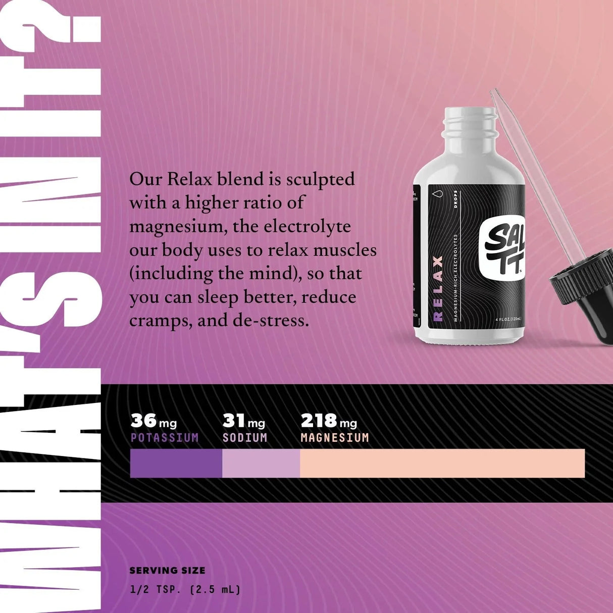 Relax - Magnesium Drops -120ml by SALTT with electrolyte content info and a dropper bottle on purple-pink background