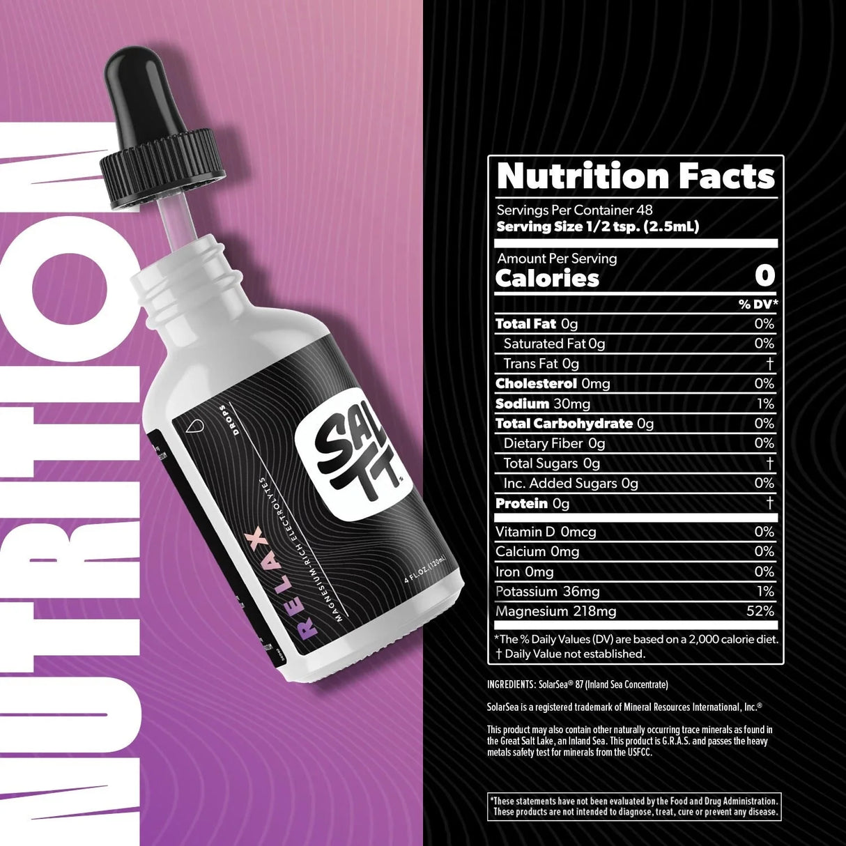 Relax - Magnesium Drops -120ml by SALTT with nutrition facts label showing 218mg magnesium per serving and zero calories