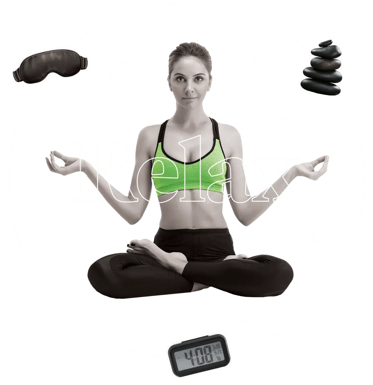 Woman meditating in lotus pose with Relax - Magnesium Drops -120ml branding and calming icons around her