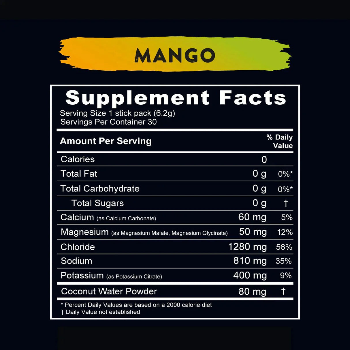 Supplement facts label for ReLyte Hydration - Mango - Stick Packs x 30 showing minerals and electrolytes content per serving