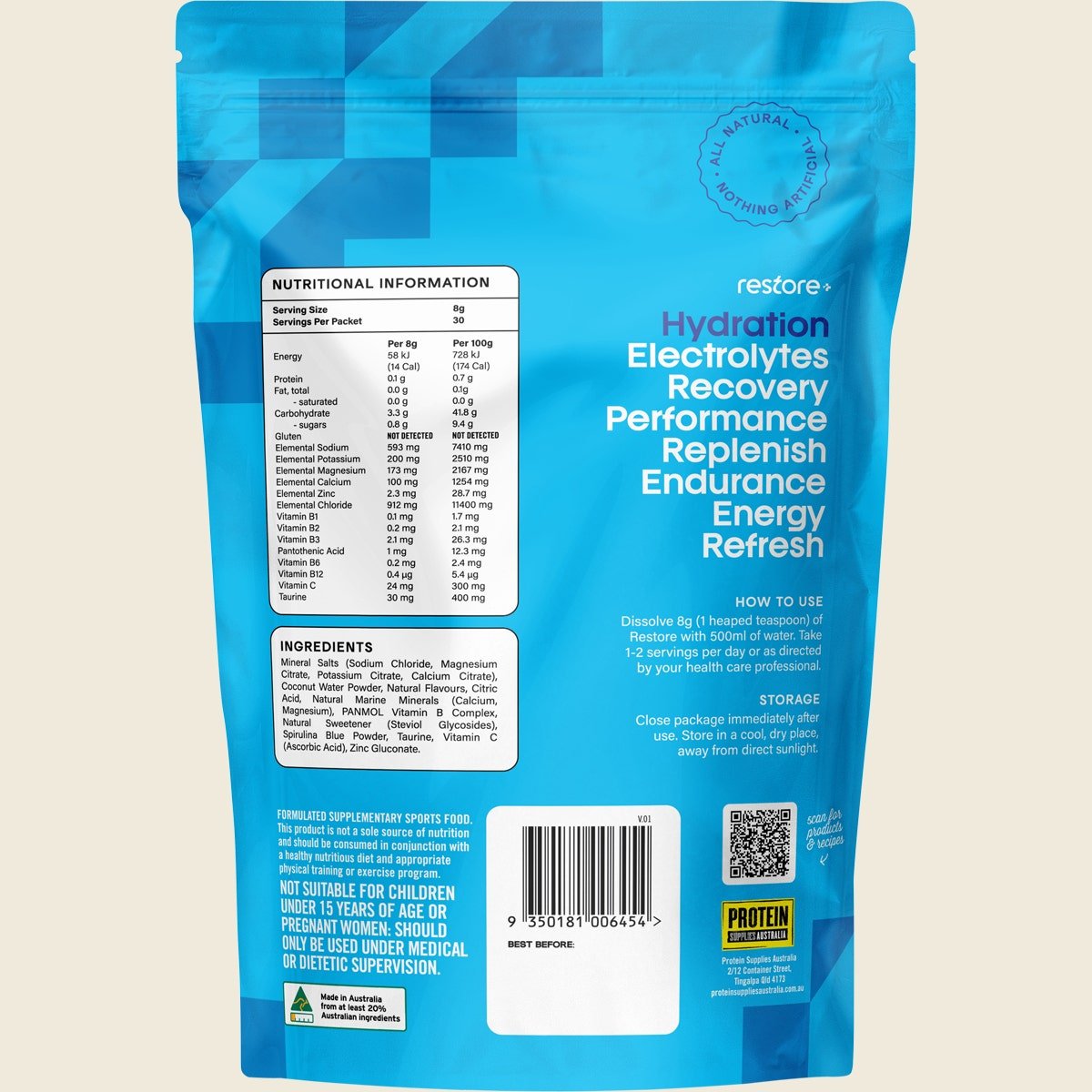 Restore Electrolyte Drink Mix Blue Raspberry 240g by Protein Supplies Australia in Drinks and Electrolytes collections.