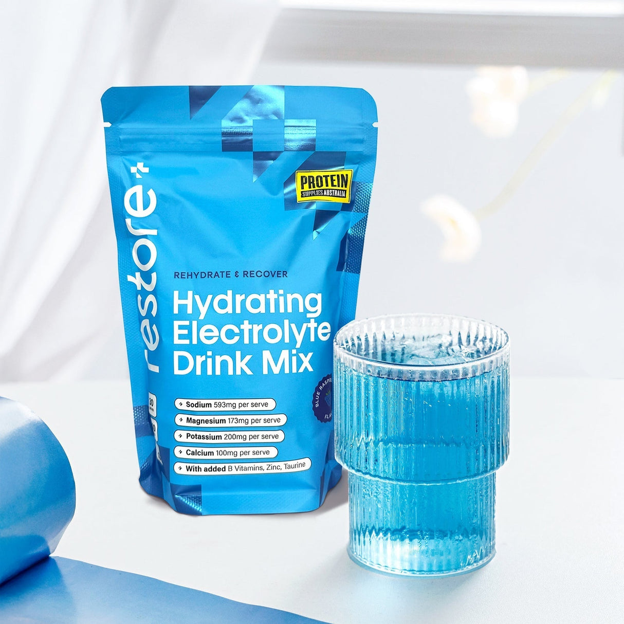 Restore Electrolyte Drink Mix Blue Raspberry 240g by Protein Supplies Australia with functional electrolytes and vitamins.
