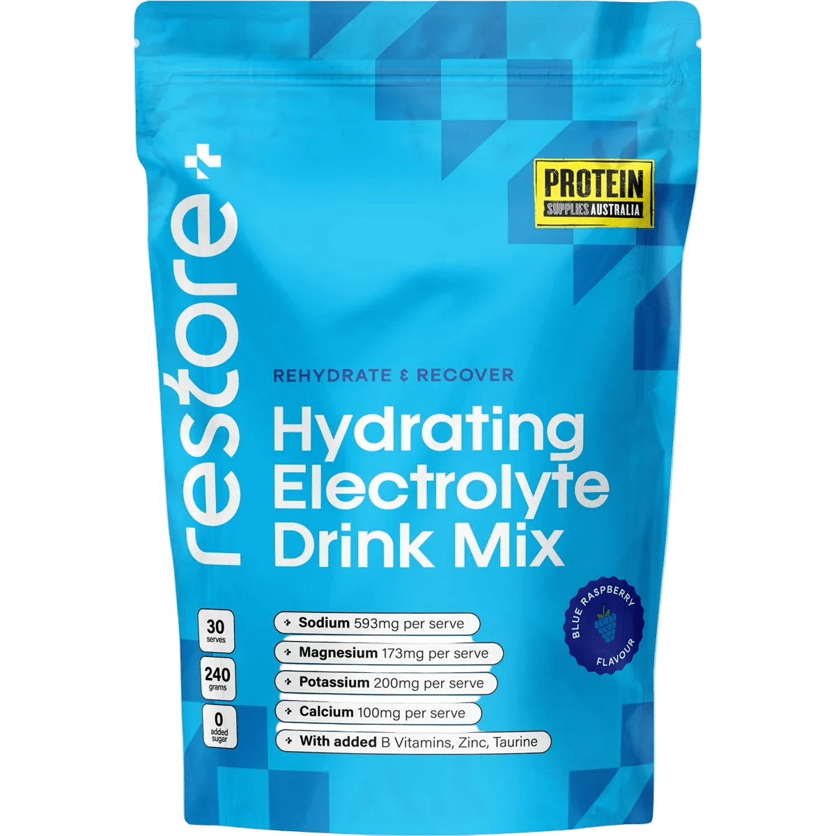 Restore Electrolyte Drink Mix Blue Raspberry 240g by Protein Supplies Australia in Drinks and Electrolytes collections.