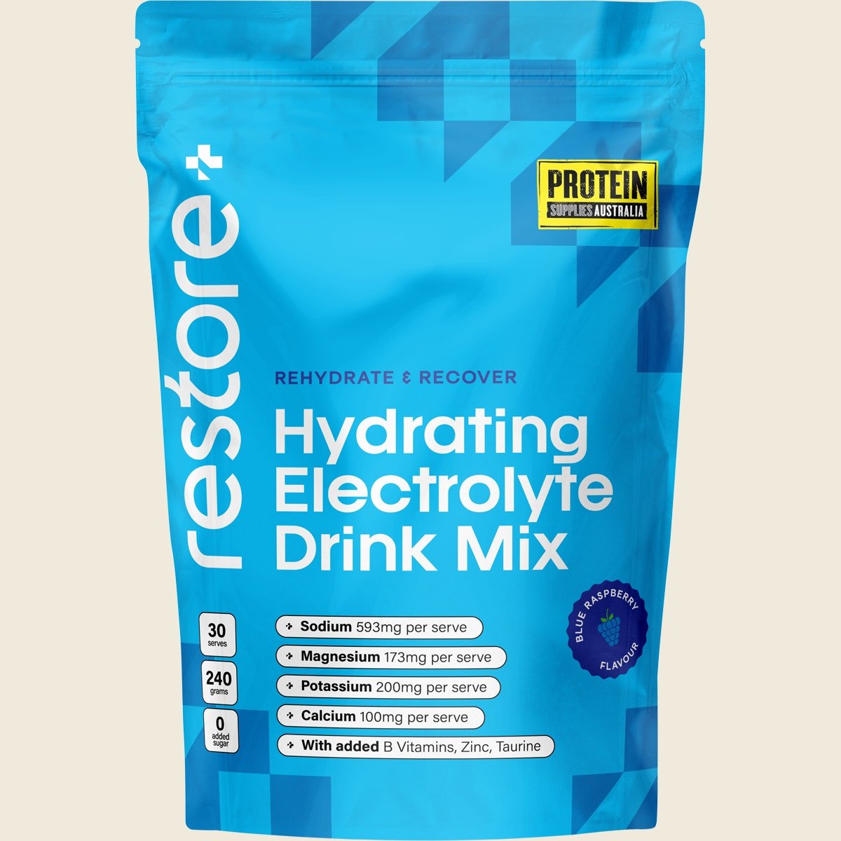 Restore Electrolyte Drink Mix Blue Raspberry 240g by Protein Supplies Australia in Electrolytes and Low Carb collections.