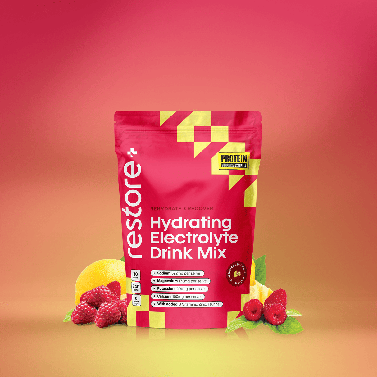 Restore Electrolyte Drink Mix Raspberry Lemonade 240g pouch with raspberries and lemon on gradient background.