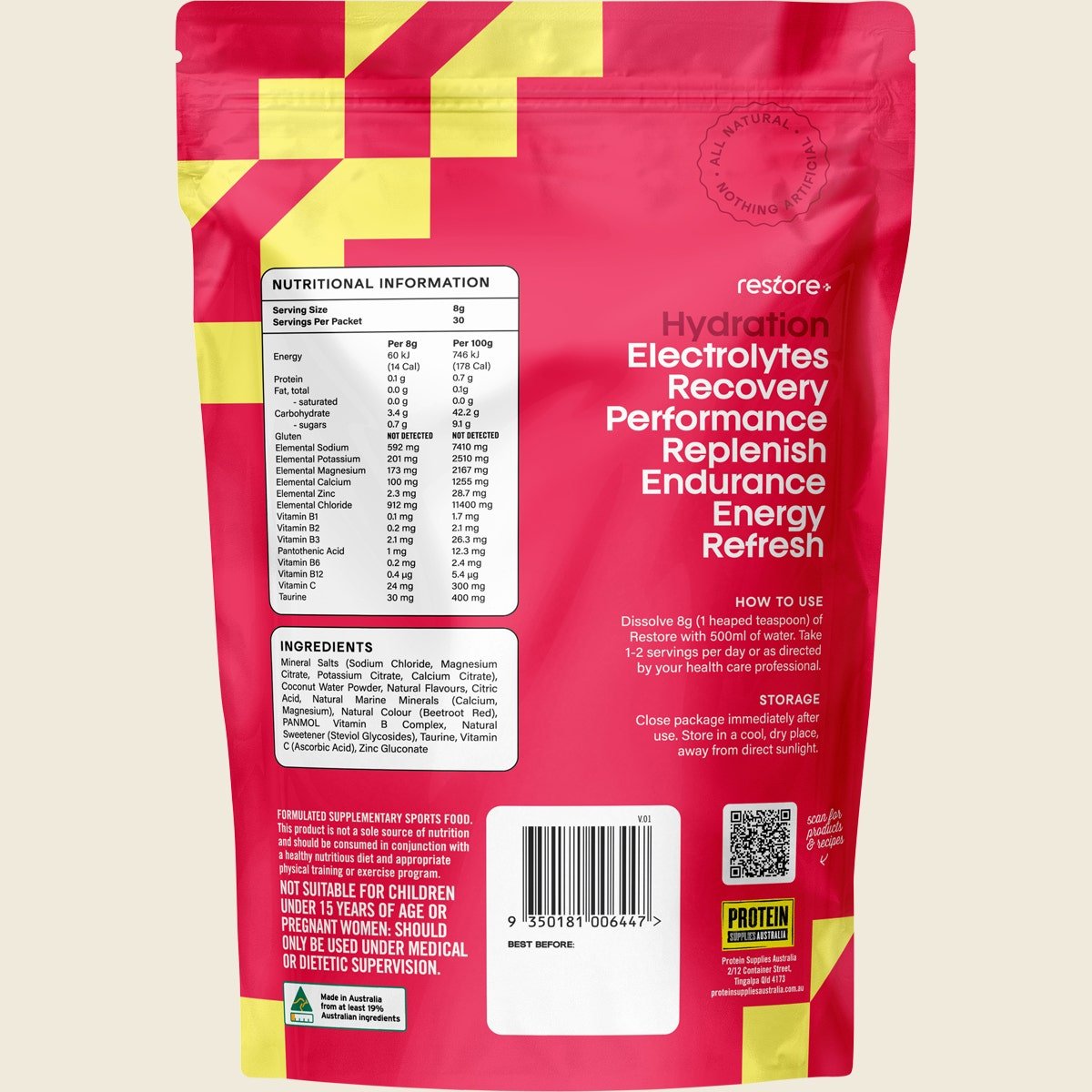 Restore Electrolyte Drink Mix Raspberry Lemonade 240g by Protein Supplies Australia in Electrolytes and Low Carb collections.