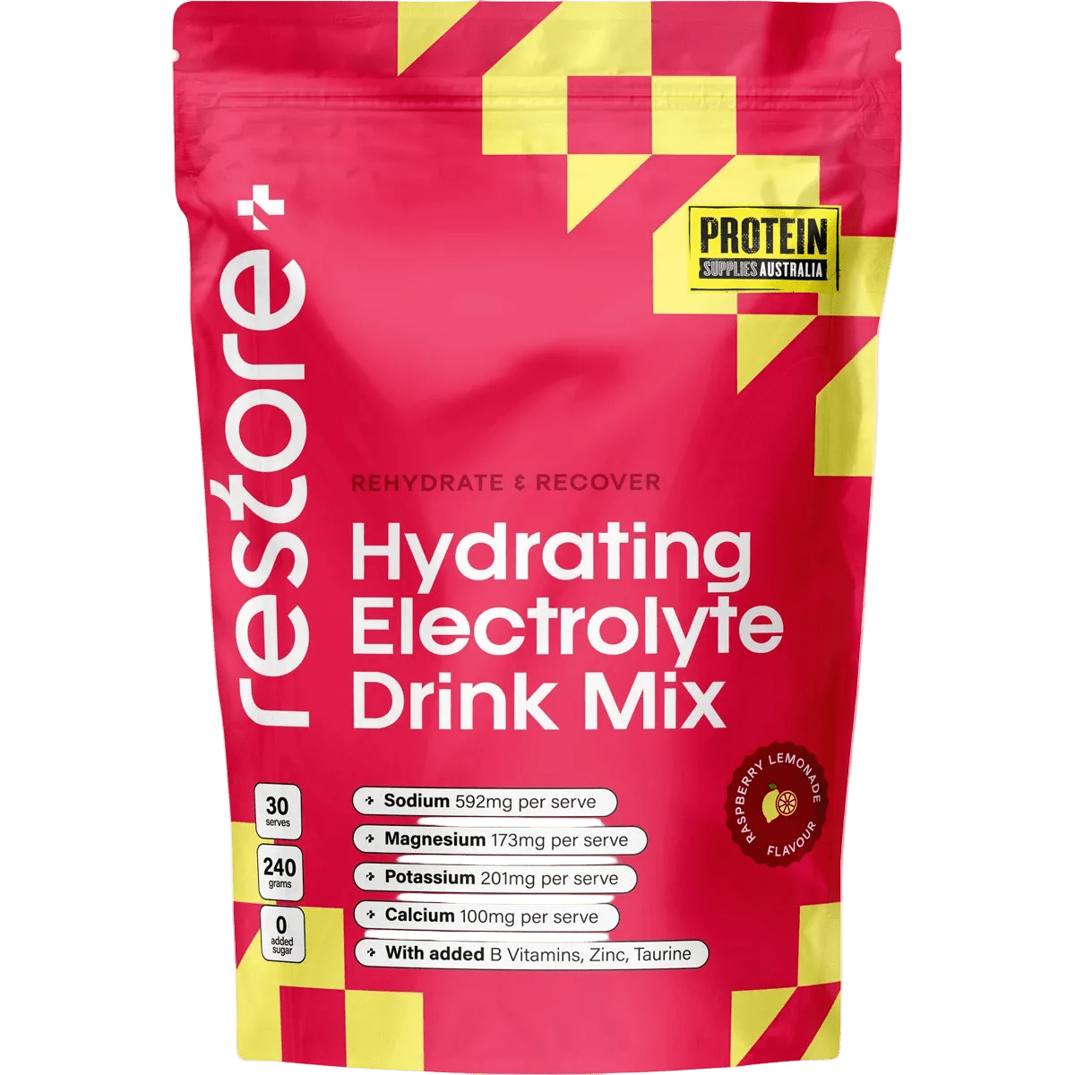 Restore Electrolyte Drink Mix Raspberry Lemonade 240g by Protein Supplies Australia, in Drinks and Electrolytes collections.