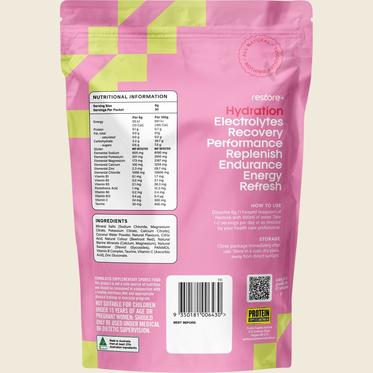 Restore Electrolyte Drink Mix Strawberry & Lime 240g by Protein Supplies Australia in Drinks, Electrolytes, Functional collections.