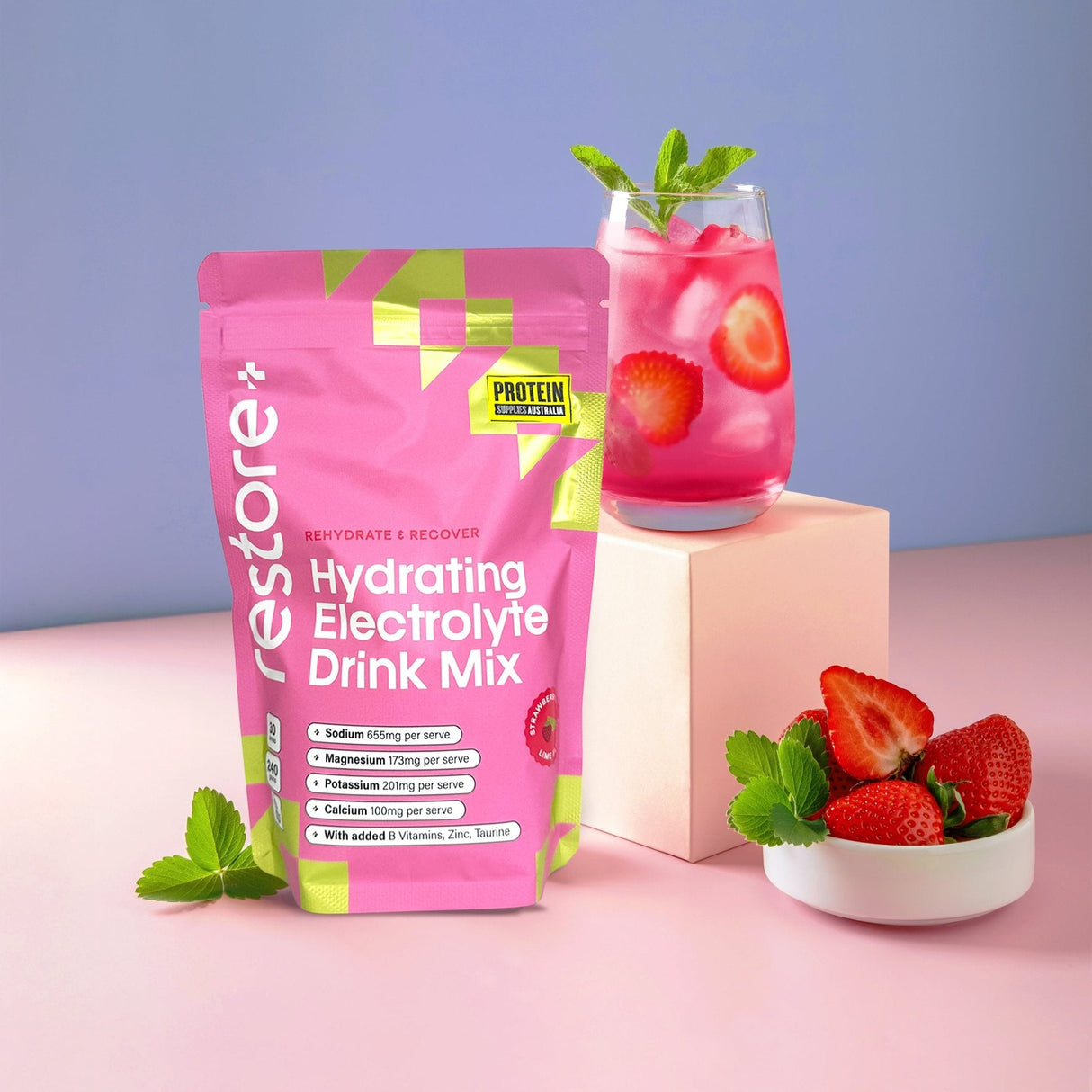 Restore Electrolyte Drink Mix Strawberry & Lime 240g by Protein Supplies Australia with fresh strawberries and refreshing drink.