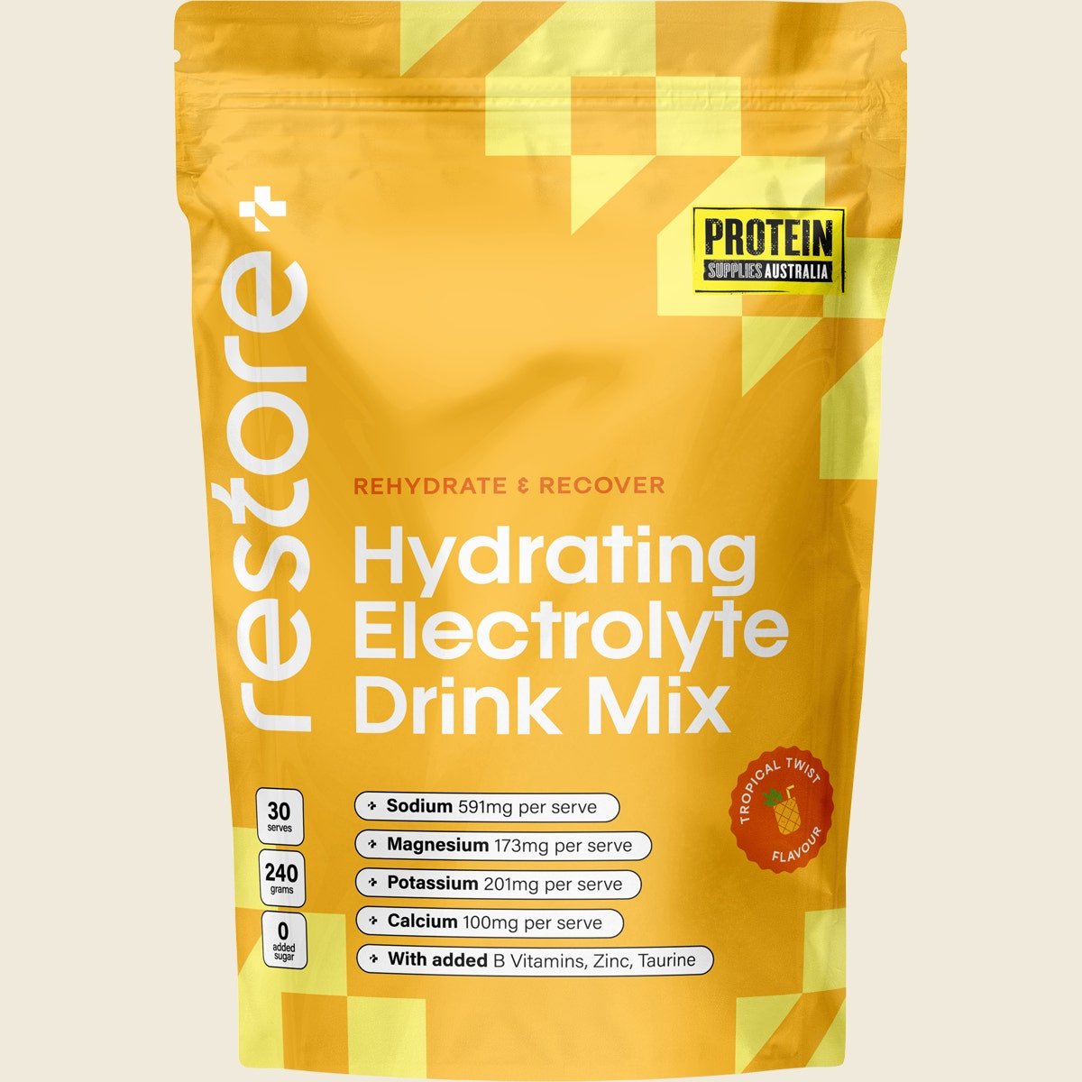 Restore Electrolyte Drink Mix Tropical Twist 240g by Protein Supplies Australia, functional low carb electrolyte drink.