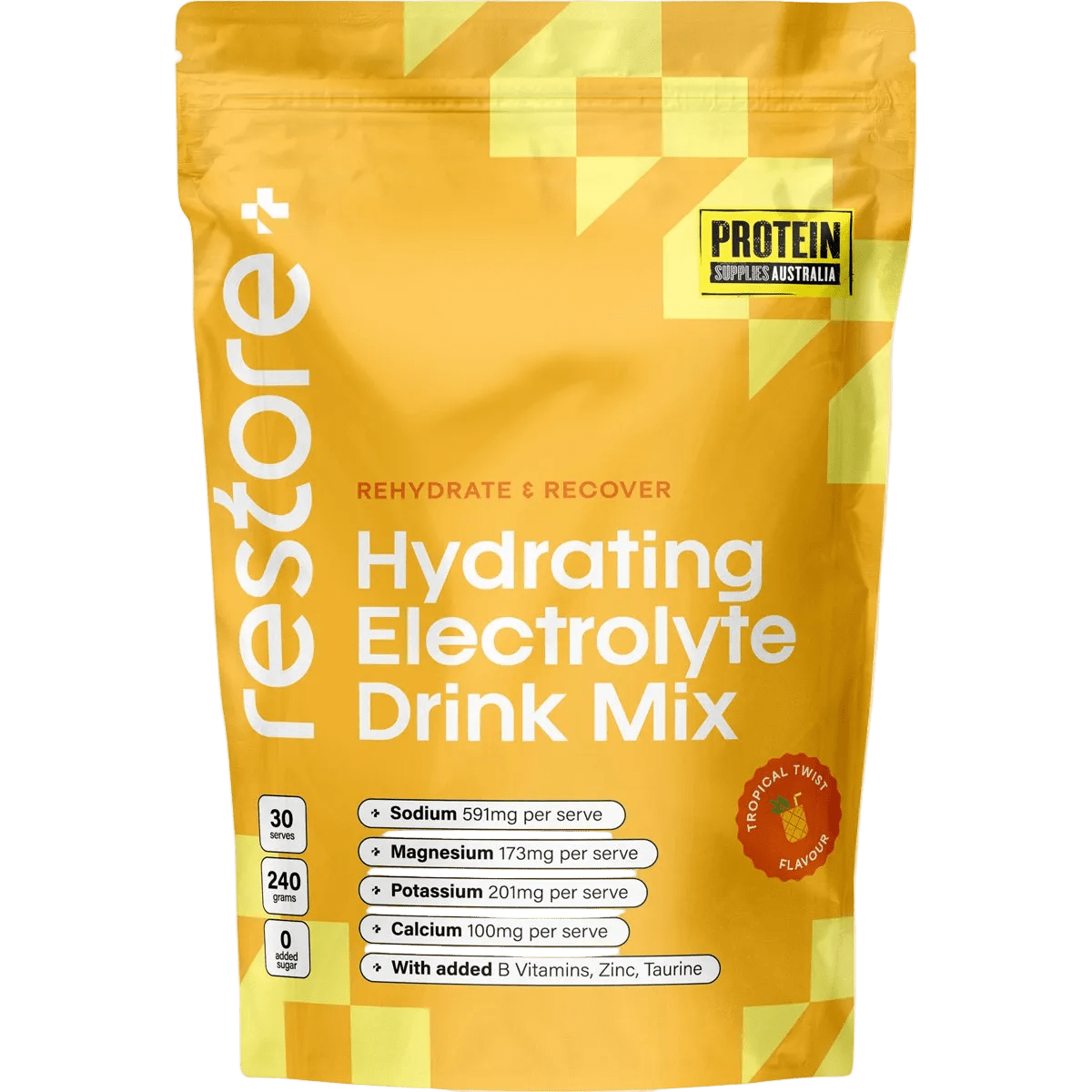 Restore Electrolyte Drink Mix Tropical Twist 240g hydration mix by Protein Supplies Australia for drinks and electrolytes.