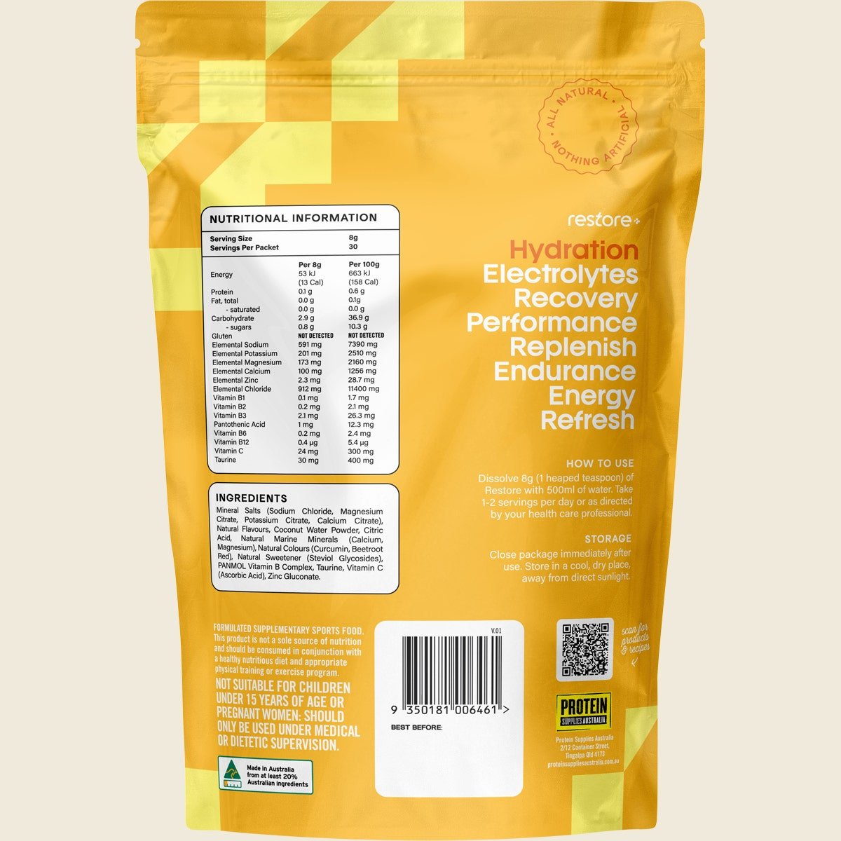 Restore Electrolyte Drink Mix Tropical Twist 240g pouch back with nutrition, ingredients, and usage from Protein Supplies Australia.