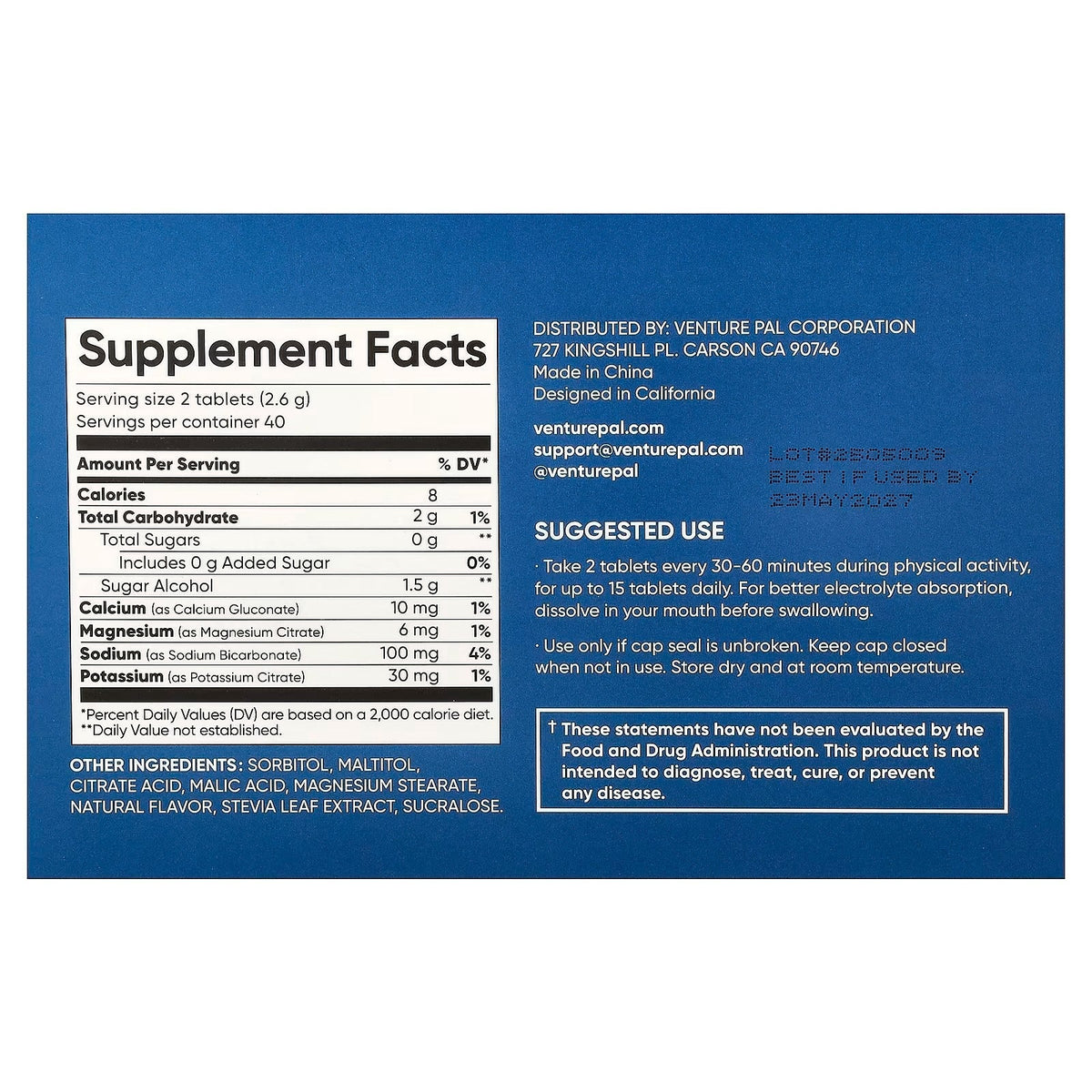 Supplement facts and usage info for Salt Tablets - Orange - 40 Serves by Venture Pal, part of Drinks and Electrolytes collections.