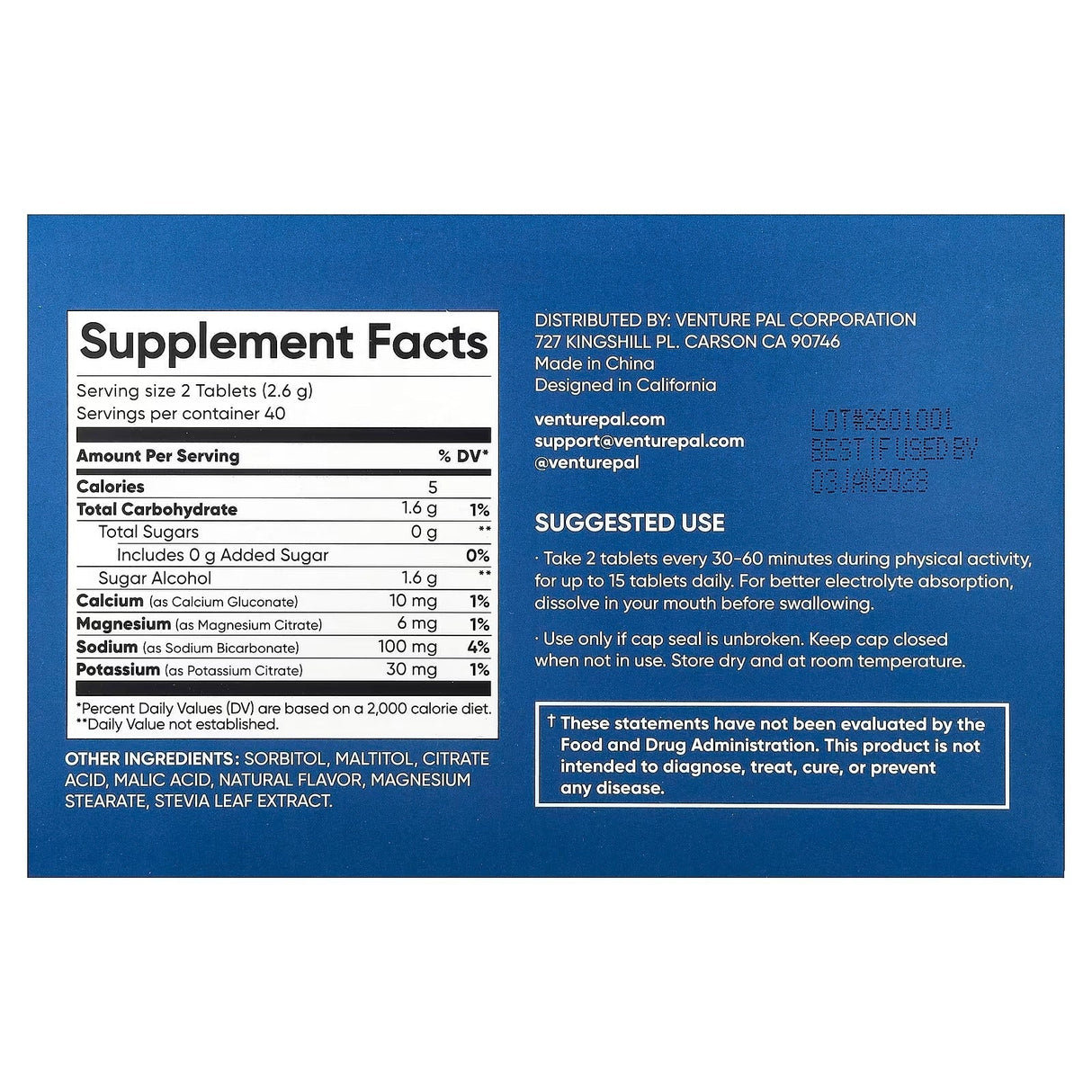 Supplement facts and suggested use for Salt Tablets - Variety Pack - 40 Serves by Venture Pal, electrolyte drink supplement details.