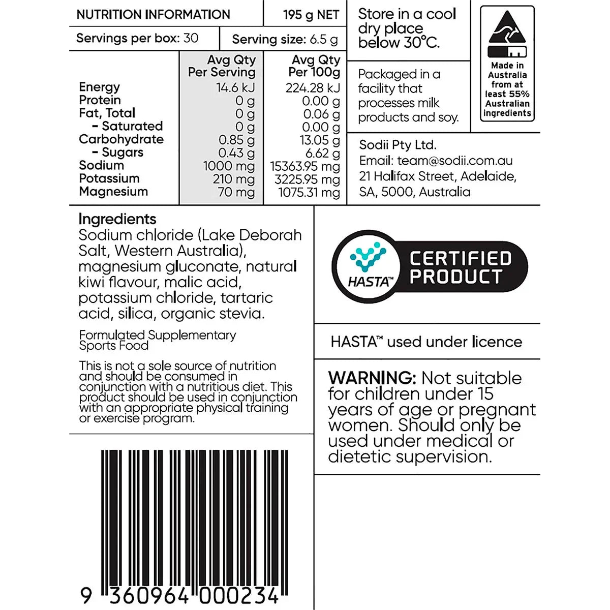 Back label of Salty Kiwi - 30 Sachets by Sodii showing nutrition facts, ingredients, warnings, and certification details.