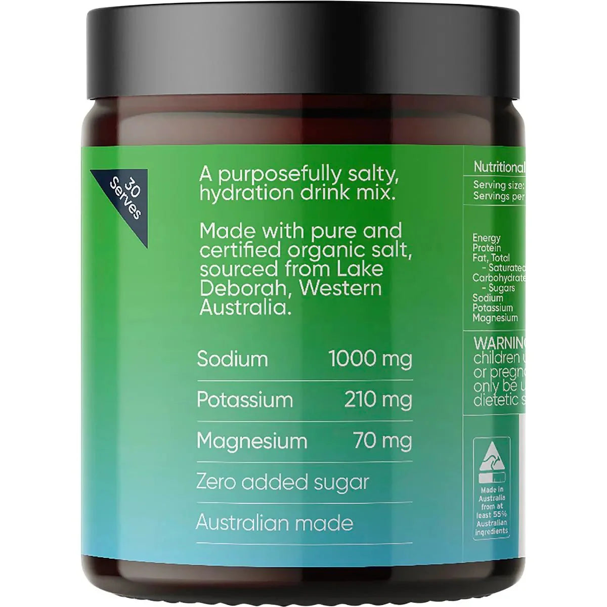 Back label of Salty Kiwi - 30 Serve Tub by Sodii showing electrolyte content and hydration mix details on blue-green gradient tub.