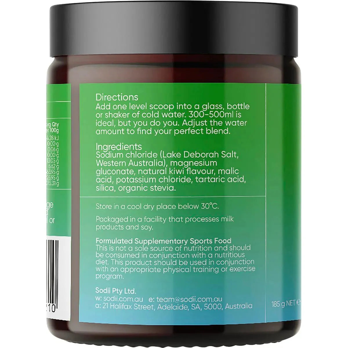 Back label of Salty Kiwi - 30 Serve Tub by Sodii showing directions, ingredients, and storage details for electrolyte mix.