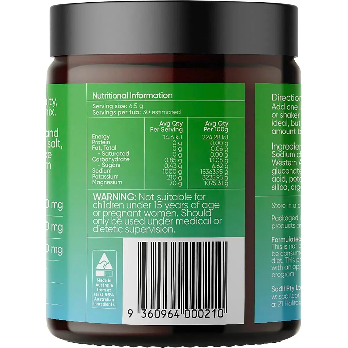 Back label of Salty Kiwi - 30 Serve Tub by Sodii showing nutritional facts, warning, barcode, and Australian Made logo.