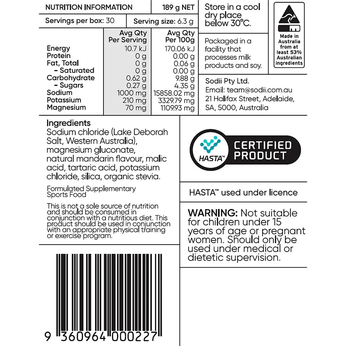 Nutrition label and certification details for Salty Mandarin - 30 Sachets by Sodii with ingredients and usage warnings.