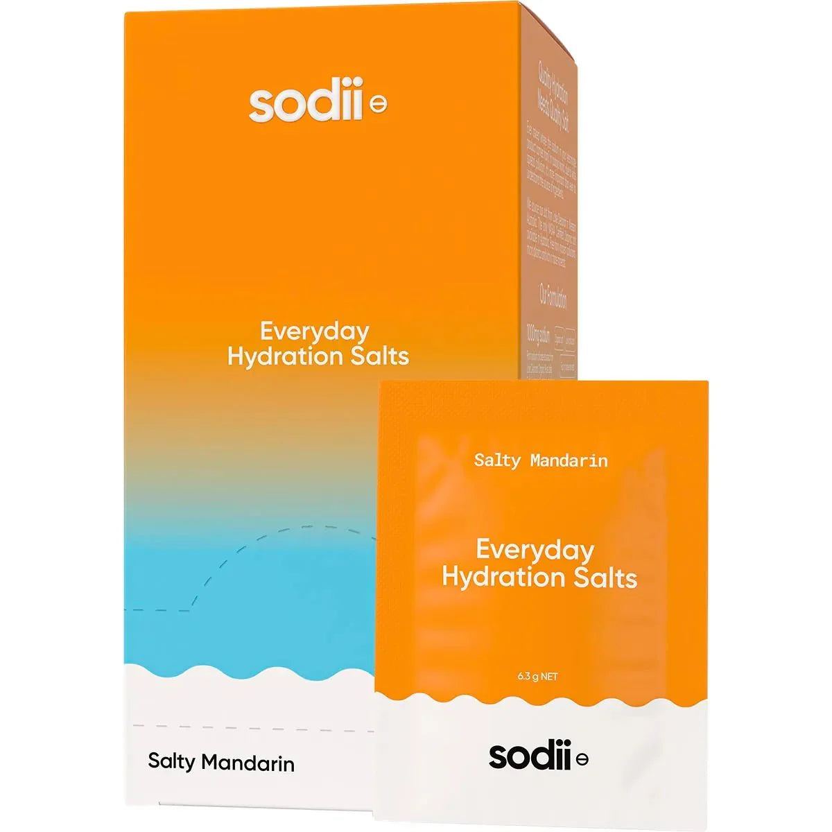 Salty Mandarin - 30 Sachets by Sodii with Everyday Hydration Salts in orange and white packaging for electrolyte drinks