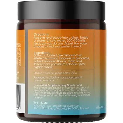 Back label of Salty Mandarin - 30 Serve Tub by Sodii showing directions, ingredients, and storage instructions.