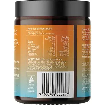 Back label of Salty Mandarin - 30 Serve Tub by Sodii showing nutritional info, barcode, and ingredient warnings in orange design.
