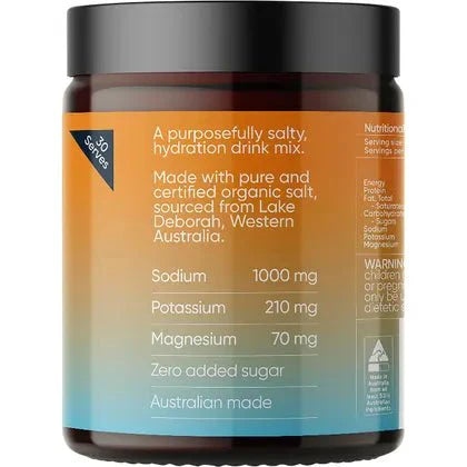 Salty Mandarin - 30 Serve Tub by Sodii showing hydration mix info with sodium, potassium, magnesium, and zero sugar.